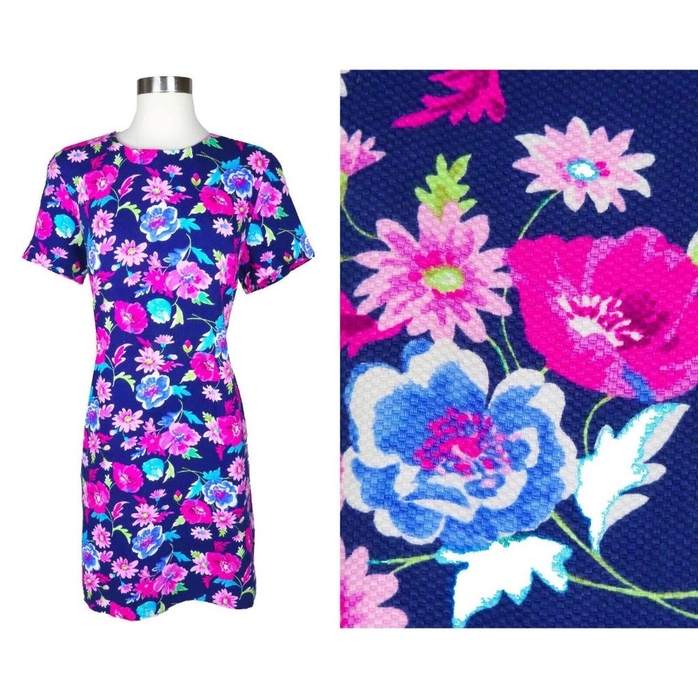 Vintage 90s Soft Grunge Floral Shift Navy Pink Blue Flowers Garden Party Dress L